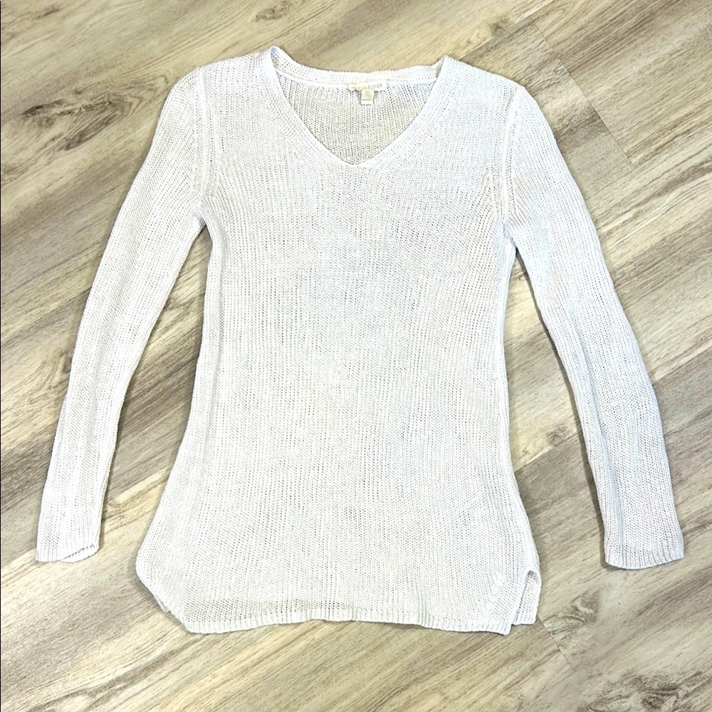 Eileen Fisher 100% Organic Linen Open Knit White V-Neck Minimalist Sweater | XXS